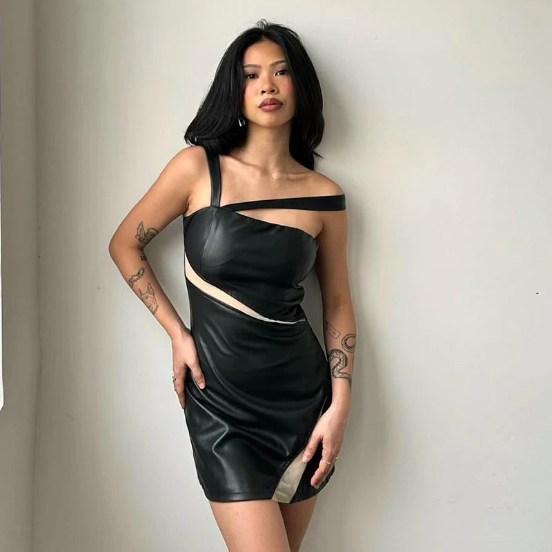 Leather Patchwork Meh Slant Strap Slimming Sleevele Hip Dress