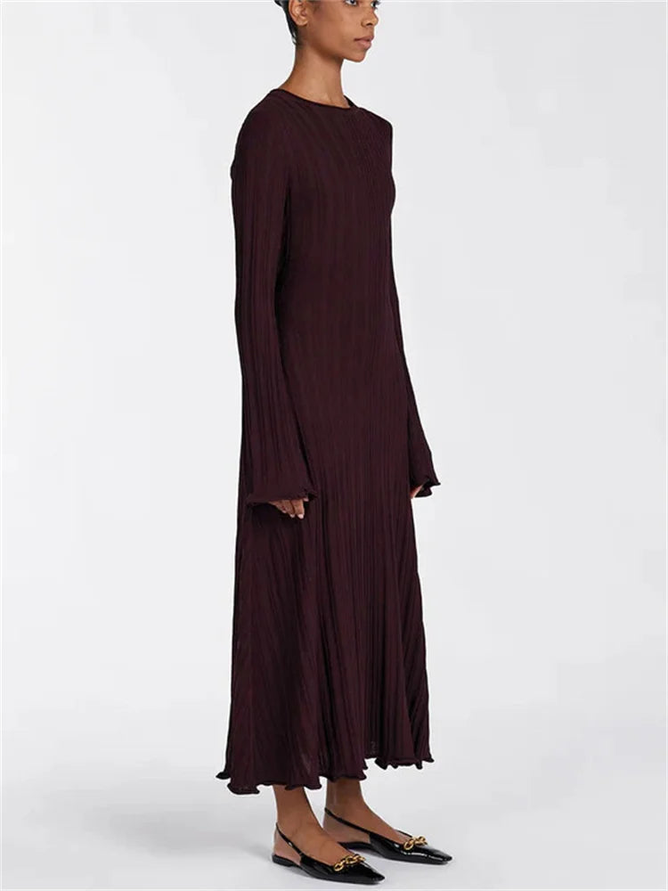 Knit Loose Maxi Dress Lace-Up High Waist Ribbed Long Sleeve Dress Knit Long Dress