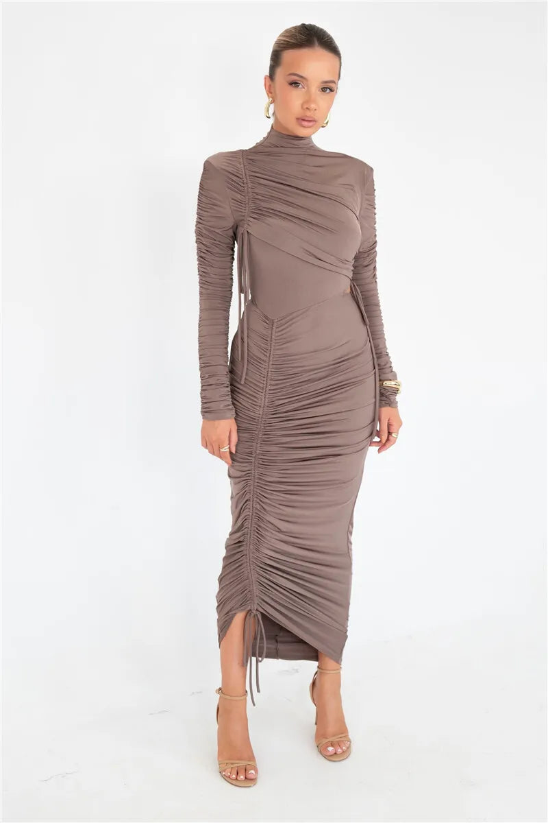 Long Sleeve Ruched Maxi Dress Drawstring Turtleneck Bodycon Long Dress