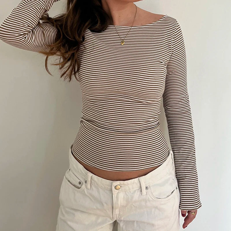 Strip Crewneck Top Backless Long Sleeve Slim Shirt Tee