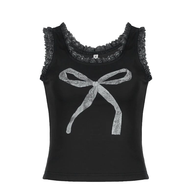 Bow Print sweet Camis Sleeveless Lacework Vests Square Collar Crop Top