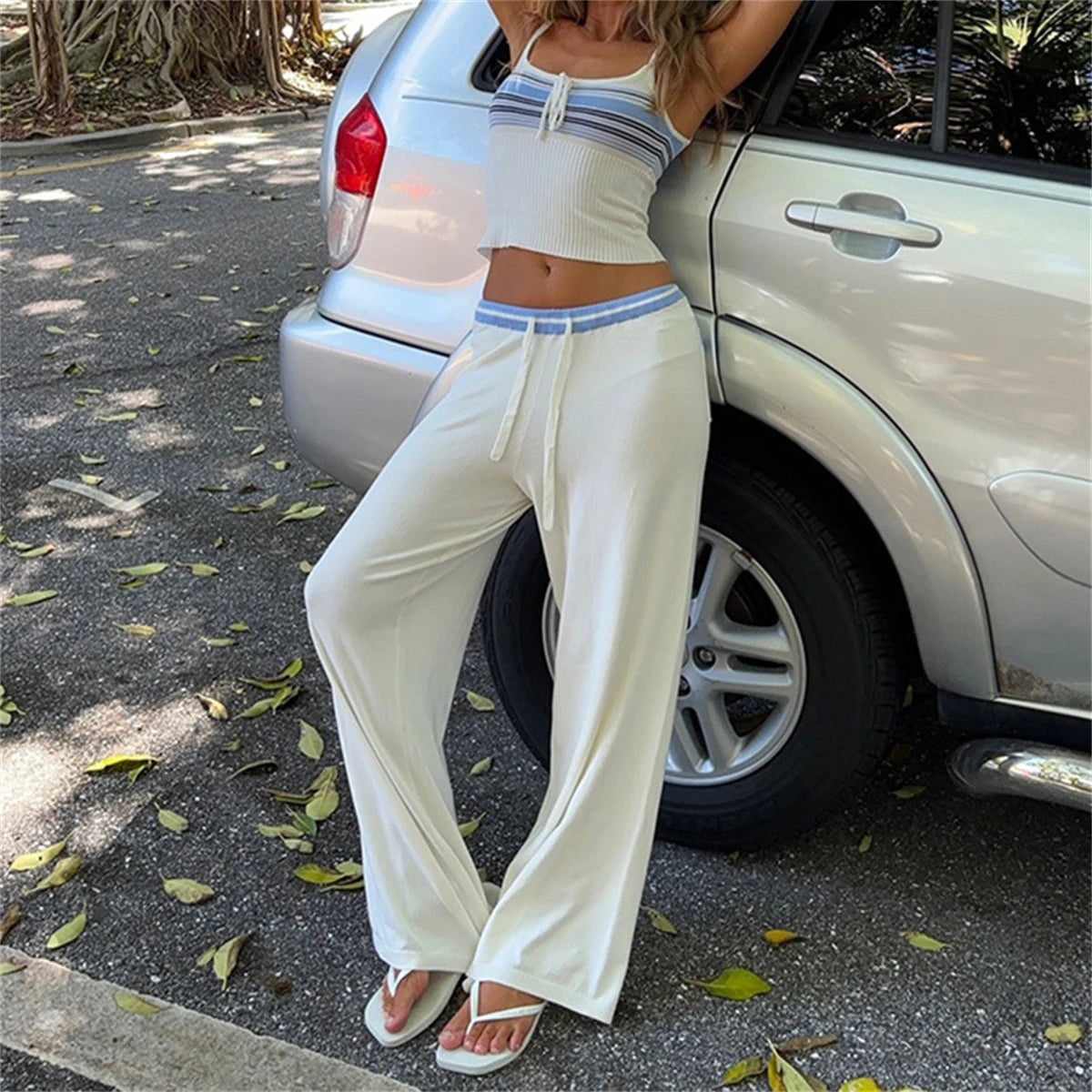 Petchwork Stripe Set Sleeveless O-neck Lace Up Vest High Waist Straight Pant Sets
