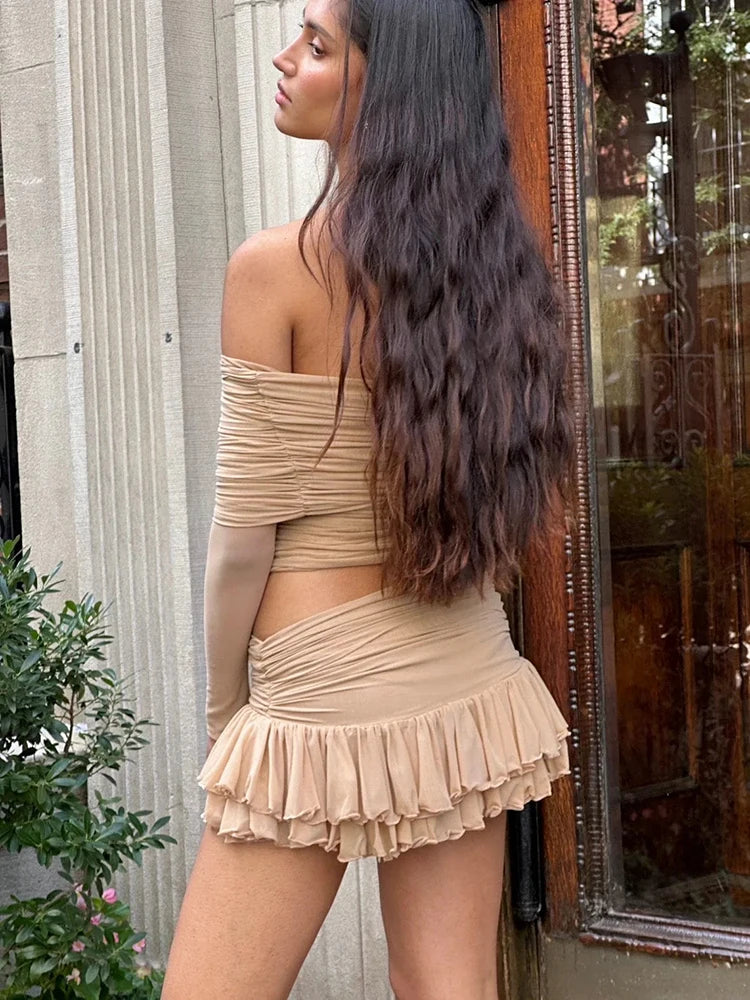 Strapless Two Piece Sets Skirt Suit Khaki Long Sleeve Top Ruffle Skirt Slim Skirt Sets