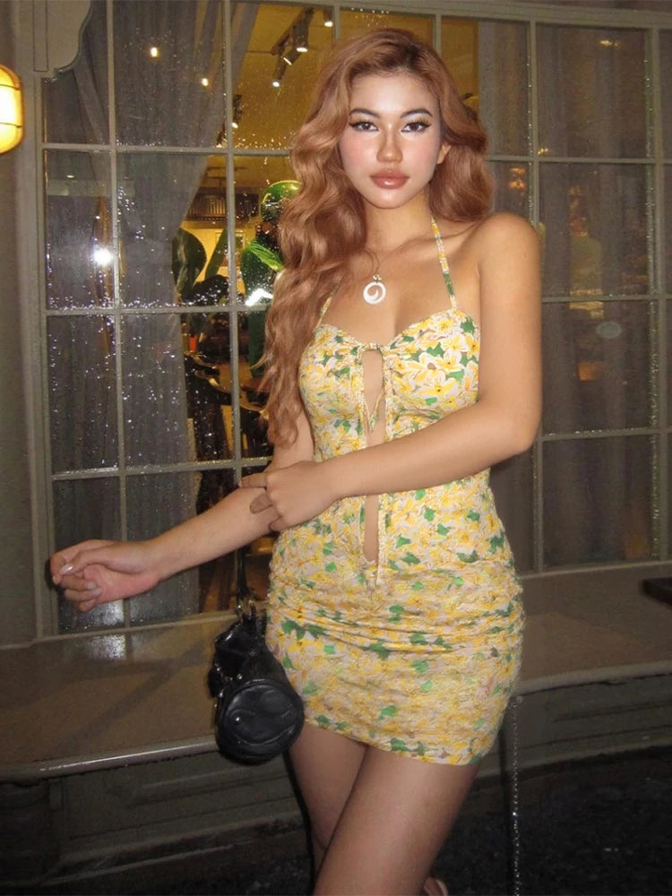 Matching 2 Piece Set Floral Halter Bandage Shirring Tank Mini Skirt Trend Vacation
