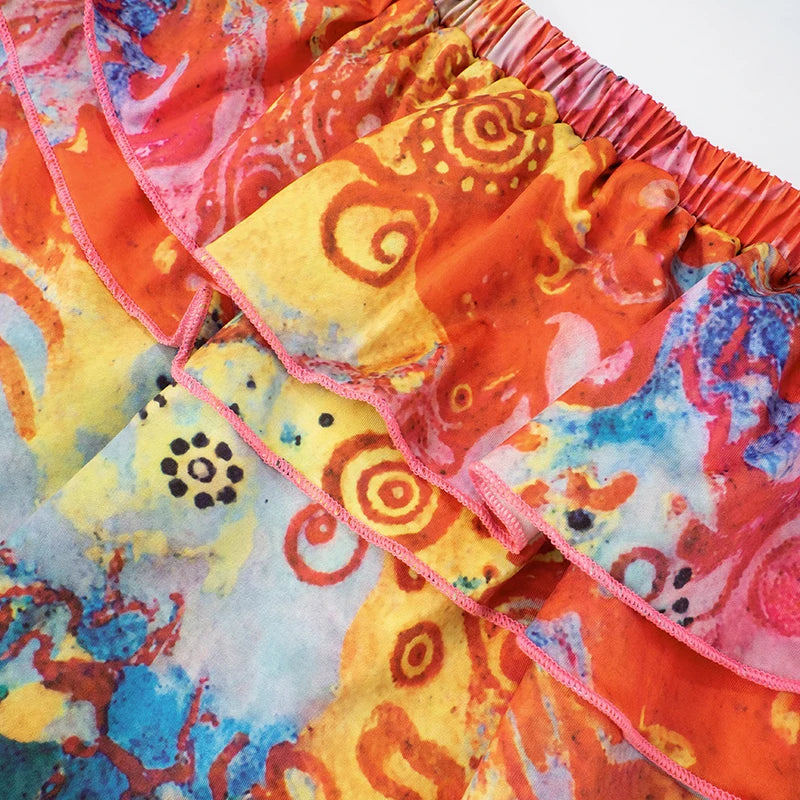 'S Floral Print Slim Set Strapless Twisted Hollow Out Tank Top Flutter Belt Short Skirt Sets