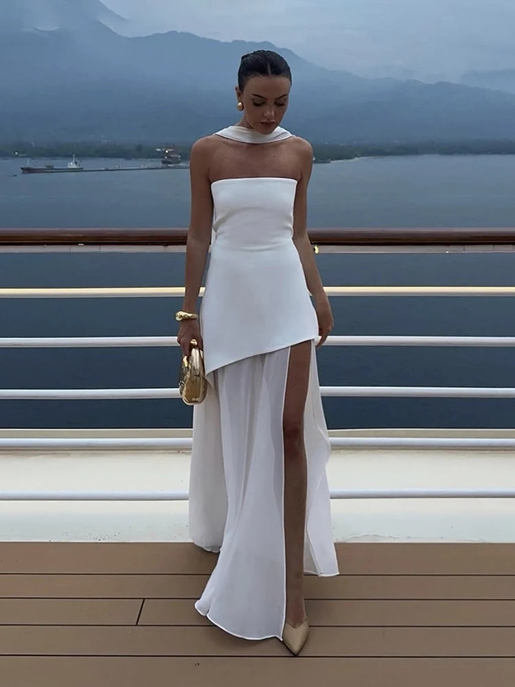 Mesh Strapless Ribbon Maxi Dress