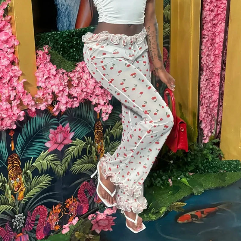 'S Spring/ Cherry Print Cake Edge See-Through Mesh Flare Pants tie Girls hearts