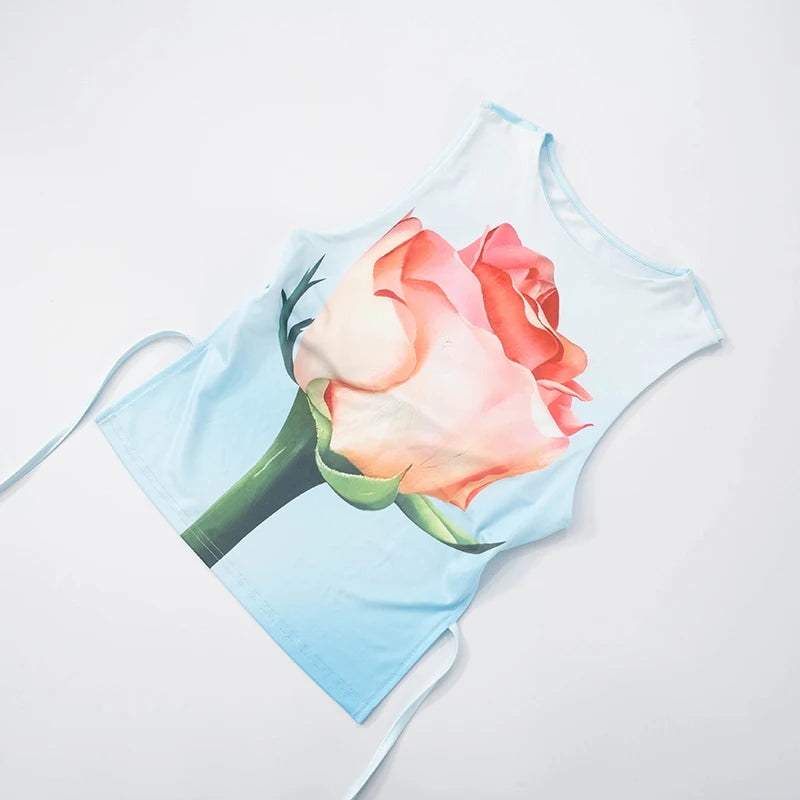 Spring And 'S Round Neck Flowers Printed Net Tie Slim Thin Tank Top Tank