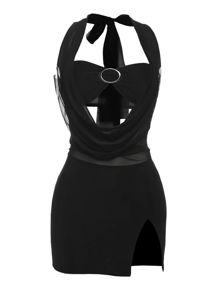 Mesh Patchwork Dress Wrap Chest Buckle Halter Hollow Backless Sleeveless Swing Collar Mini Bodycon