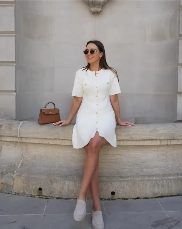 White Knit Mini Dress Short Sleeve Patchwork Pocket Loose Dress Knit Mini Dress
