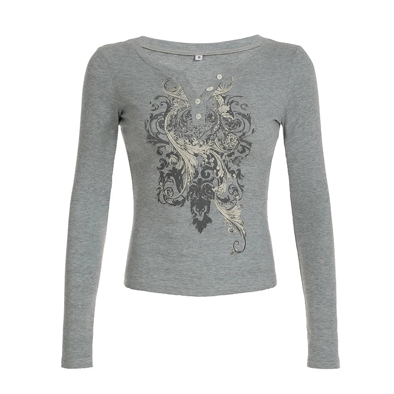 Graphic Slim Top Tee Long Sleeve Crewneck Grey Fairycore Shirt