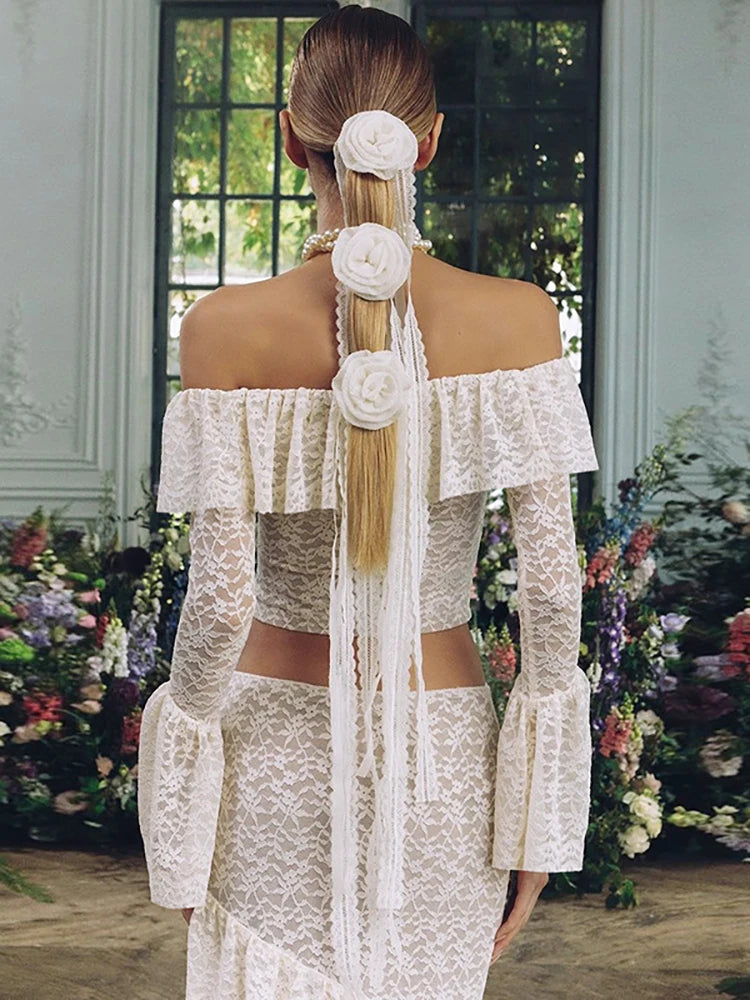 Transparent Lace Two Piece Sets Skirt Suit White Flare Sleeve T-shirt Long Skirt Skirt Set