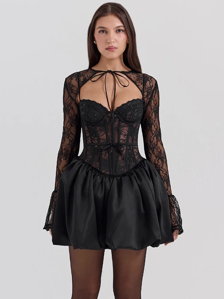 Black Lace Puffball Mini Dress Lace-up Sheer Long Flare Sleeve High Waist Dress