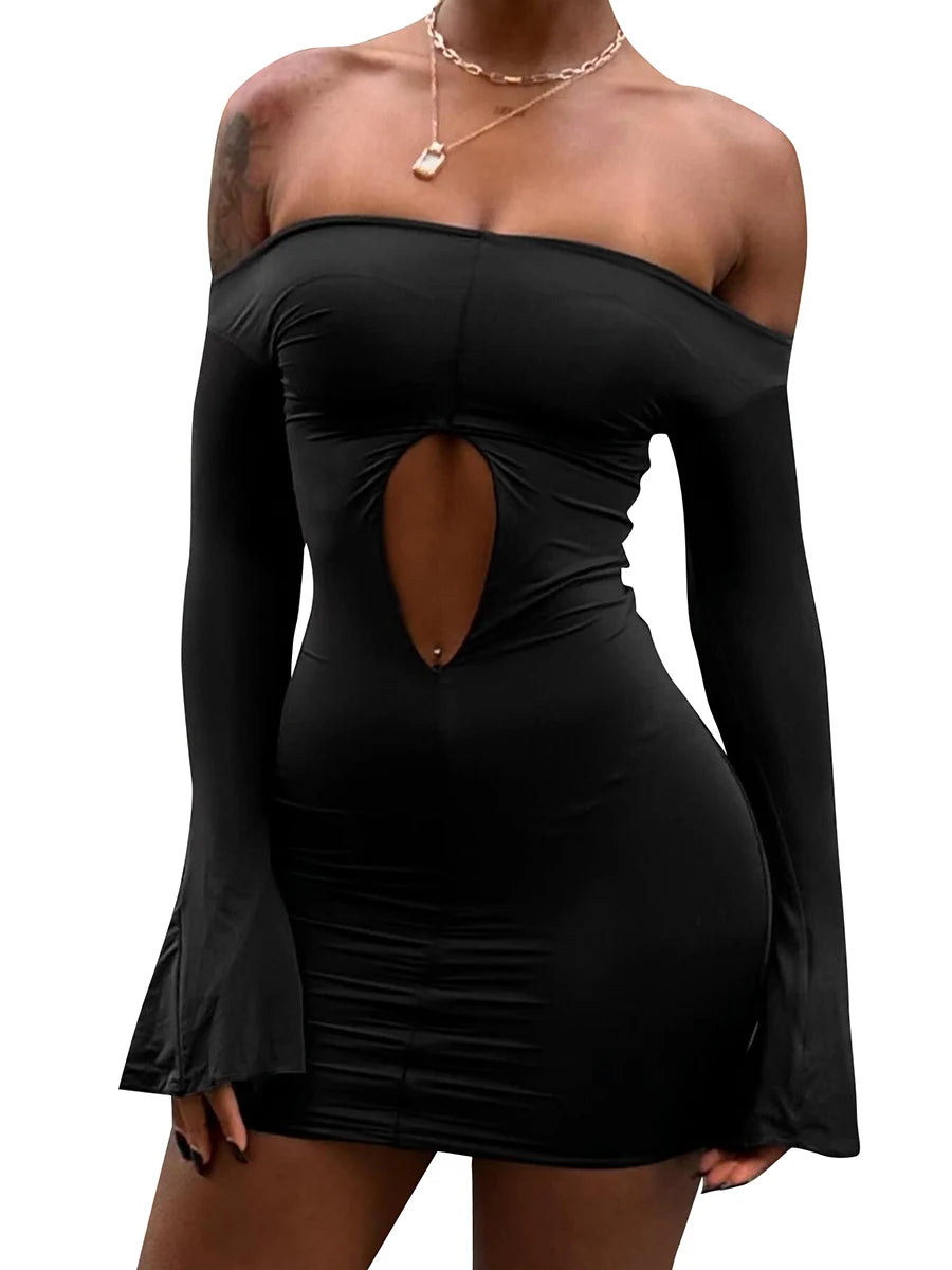 One Shoulder Flared Long Sleeve Hollow Out Hip-Wrapped Short Dress Thin Dress