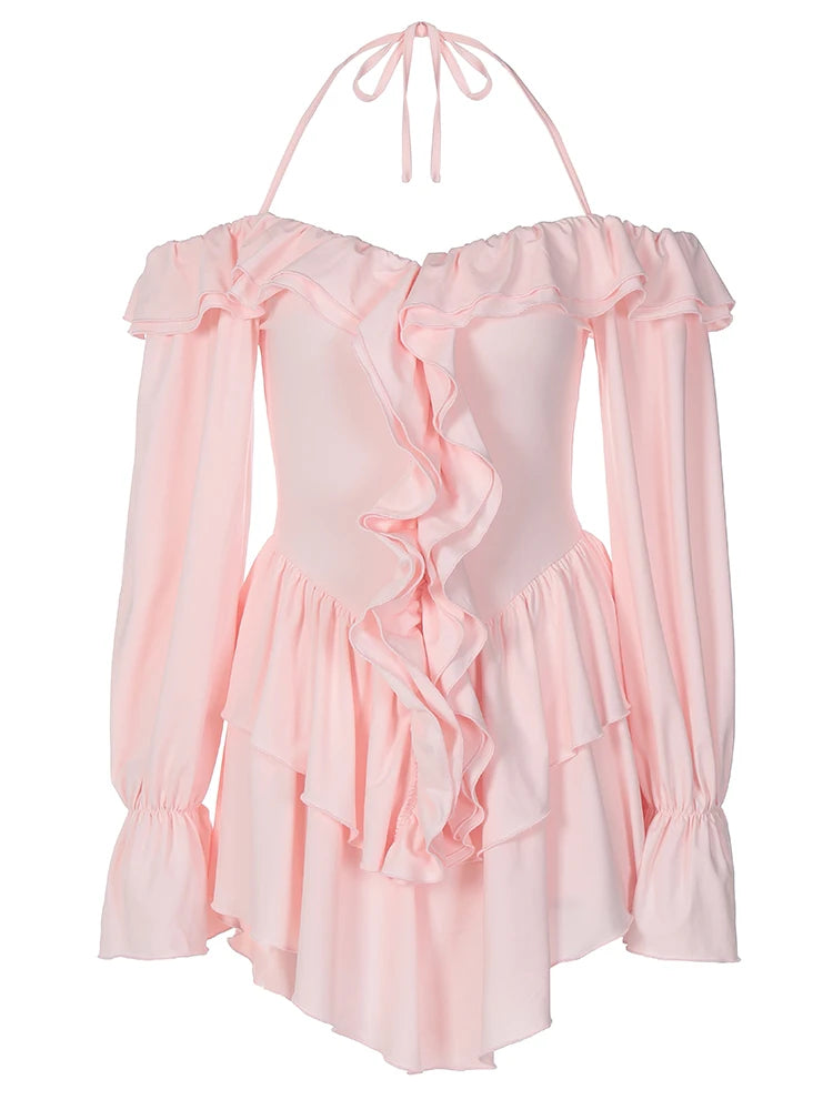 Halter Ruffle Flare Sleeves Mini Dress