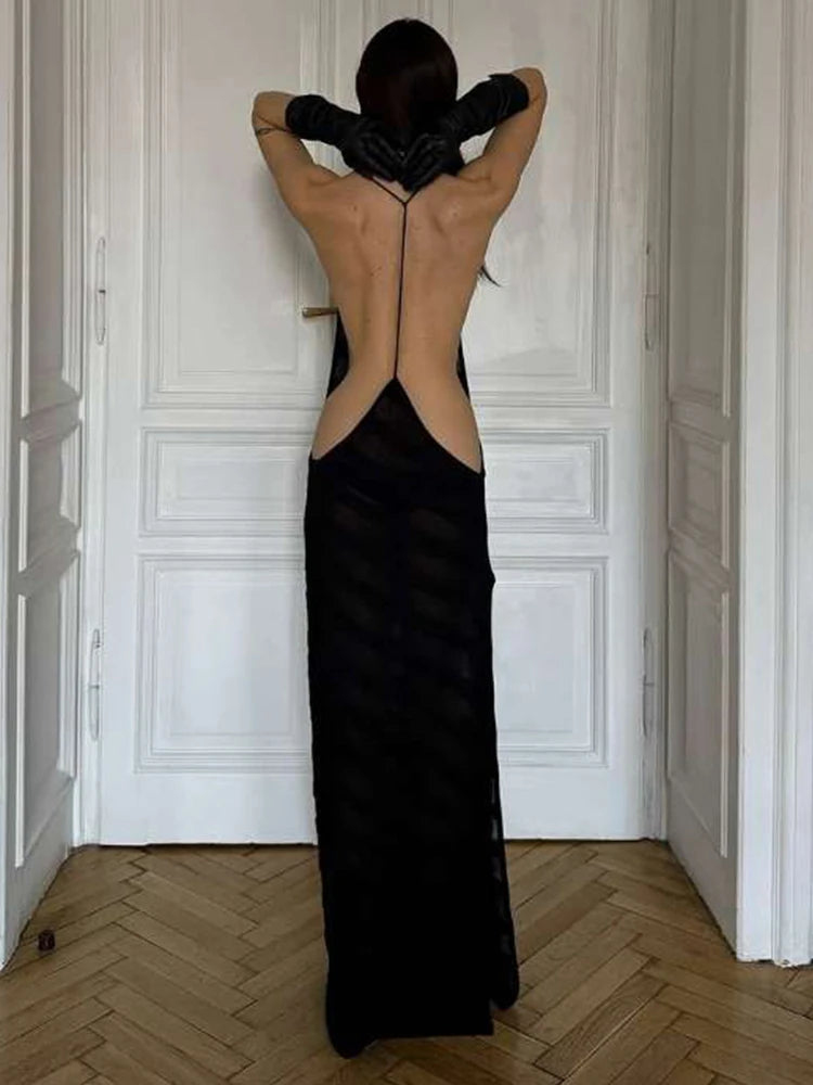 Release Junior Ankle-Length High Dress Perspective Girl Halter Slim Cleavage Backless Robe