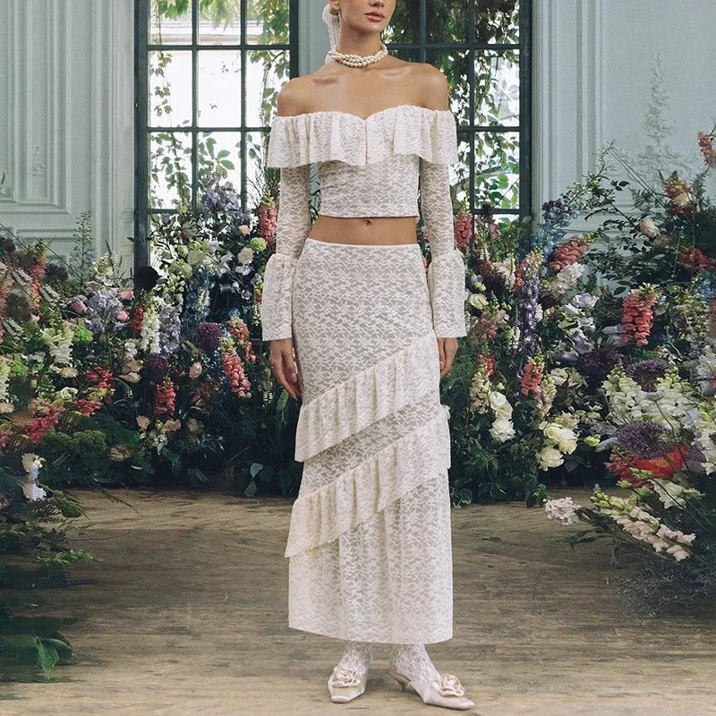 Transparent Lace Two Piece Sets Skirt Suit White Flare Sleeve T-shirt Long Skirt Skirt Set