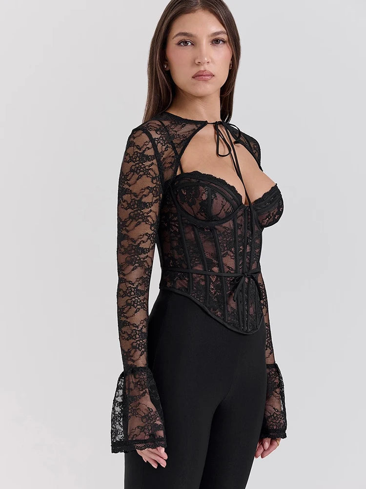 See Through Lace Two Piece Sets Tops Long Sleeve Print Floral Tops