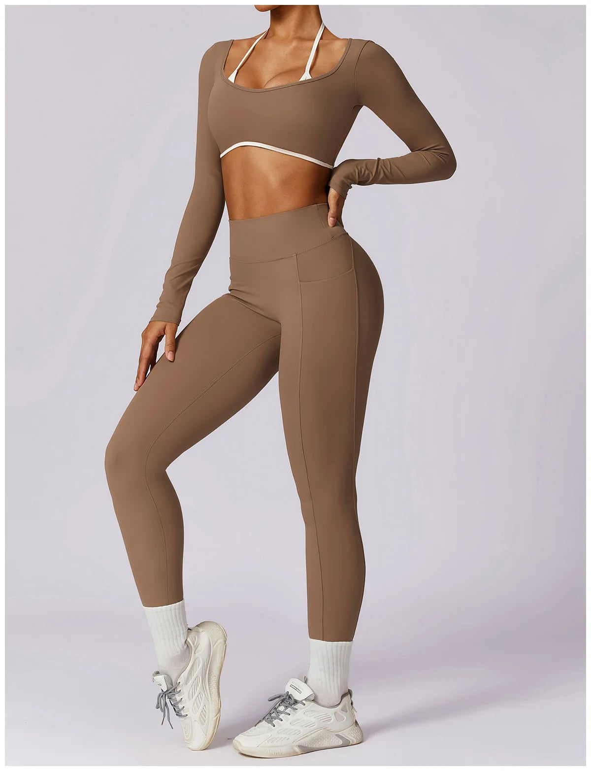 2 Pieces Tracksuit Yoga Set Workout Sports Gym Fitness Long Sleeve Crop Top High Waist Leggings Sports Suits