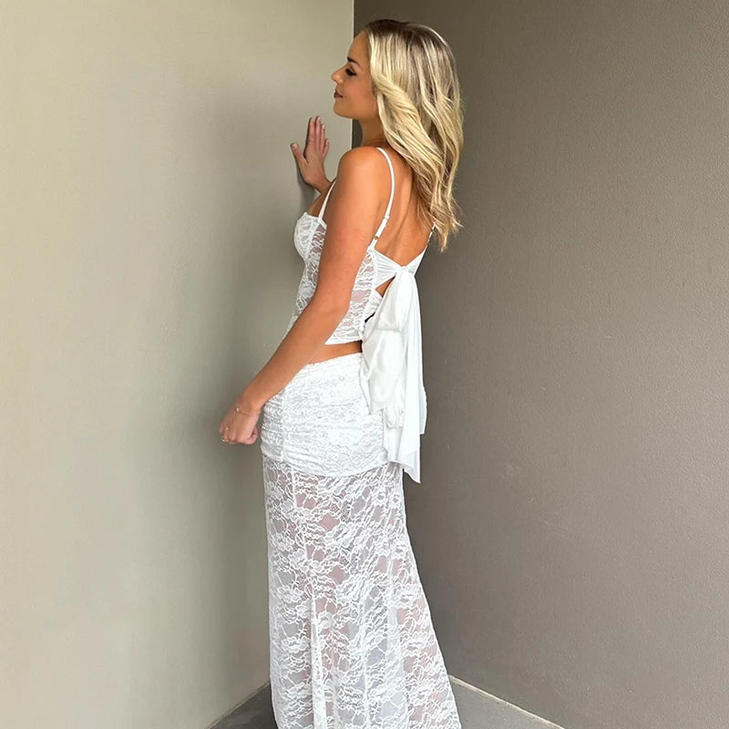 'S Slim Lace Patchwork See-Through Back Mesh Three-Dimensional Bow Camisole Top Bustier Skirt Set