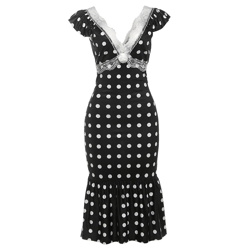 Black Backless Polka Dot Ruched Bodycon Midi Dress