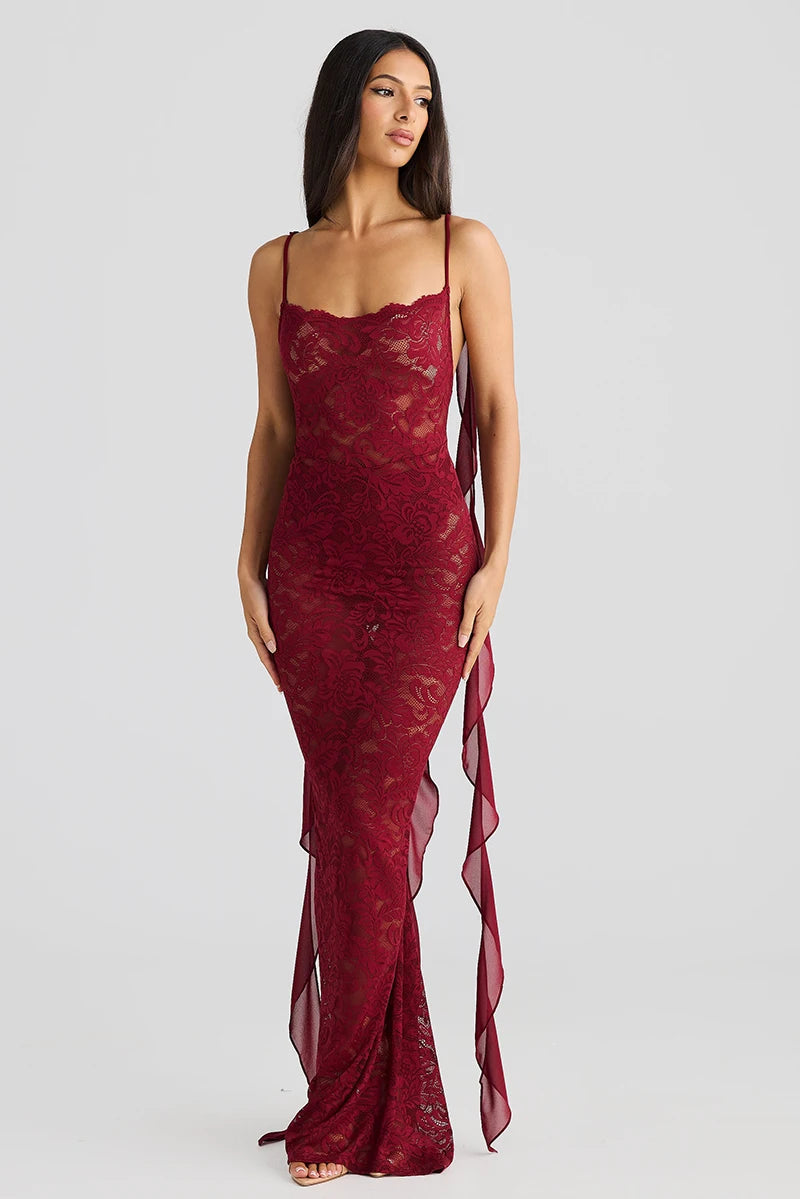 Lace See Through Camisole Maxi Dress For Ribbons Sleeveless Backless Slim Bodycon Long Dress Ladies Robes