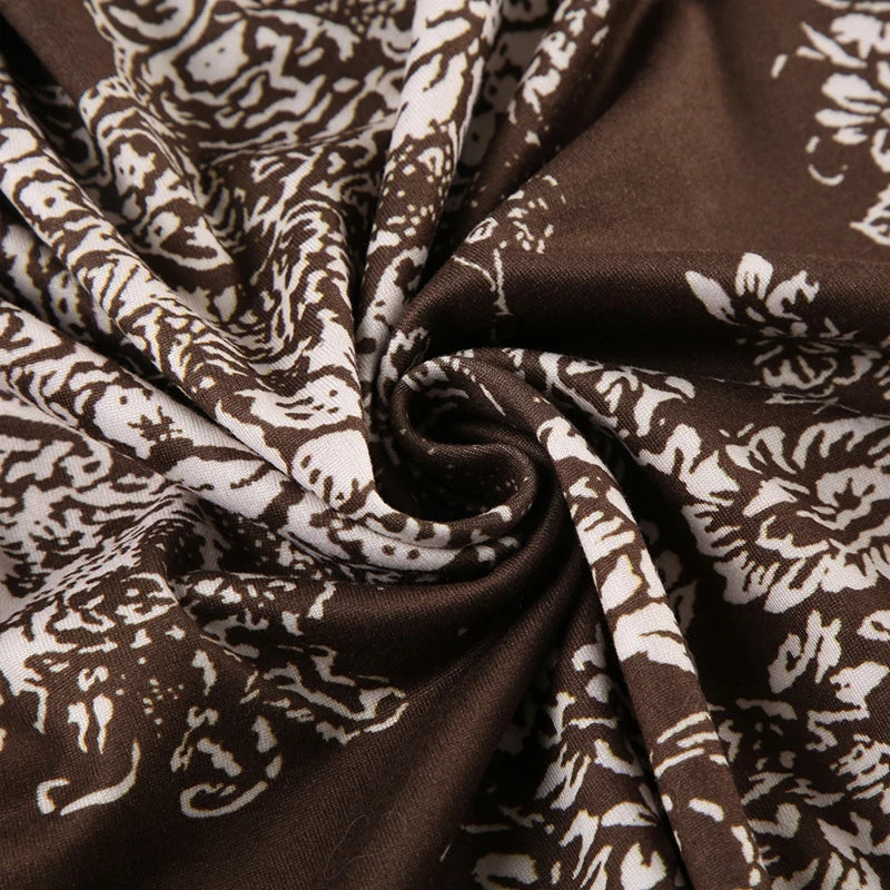 Floral Print Slim Top Tees Lace-up Brown ing Patchwork