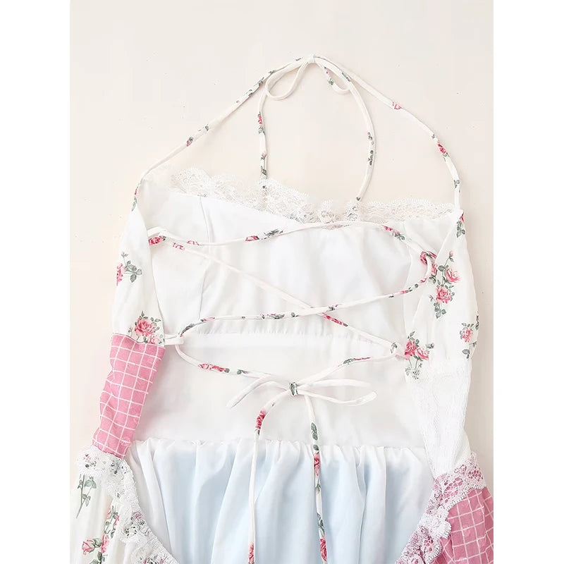 Backless Patchwork Floral Halter Dress Boho Long Dresses Maxi