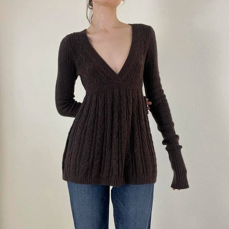 Knitted Sweaters Long Sleeves Slim s Loose Hem Brown Pull Top