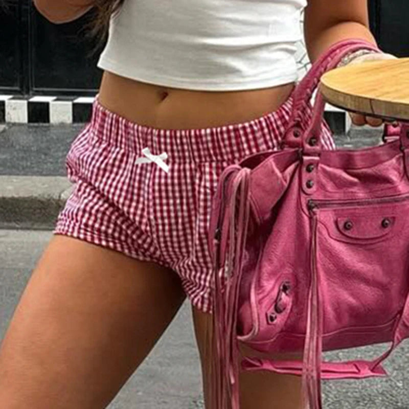 Red Plaid Bow Elastic Waist Shorts
