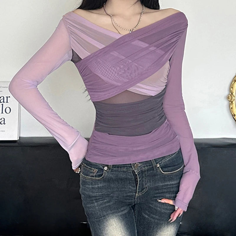 Patchwork Asymmetry Slim Tee Shirts Long Sleeves V-neck 's