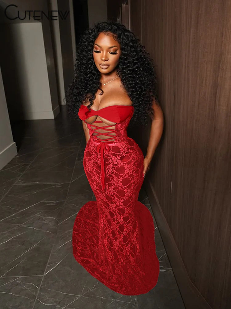 Lace Maxi Dress Stunning Coquette See Through Patchwork Drawstring Strapless Bodycon