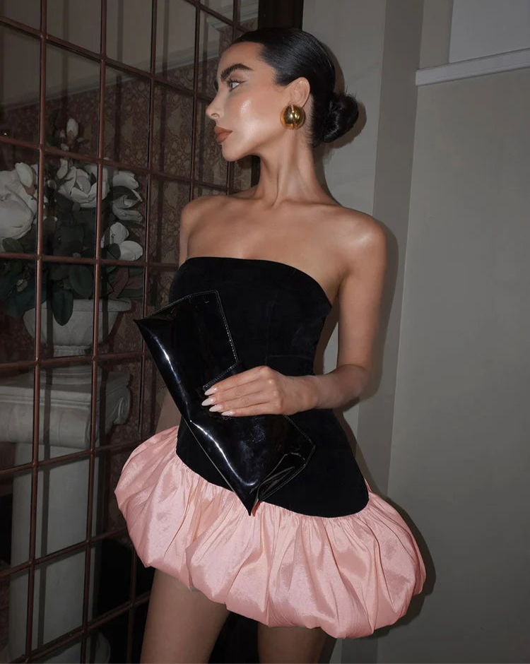 Puffy Dress Irregular Velvet Patchwork Strapless Banquet Bodycon