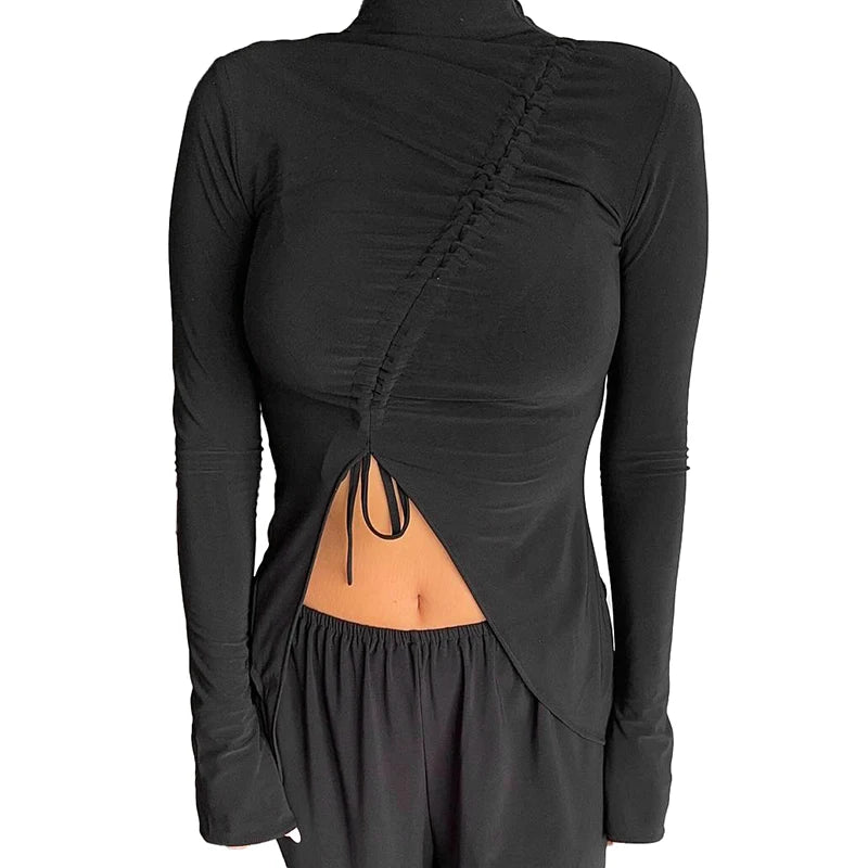 Half Neck Collar Long Sleeve Top Irregular Deign Drawtring Wrinkle Crop Top Skintight