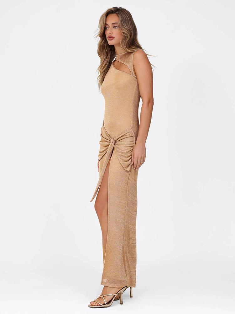 Khaki Knit Slim Fit Hollow Out Midi Dress