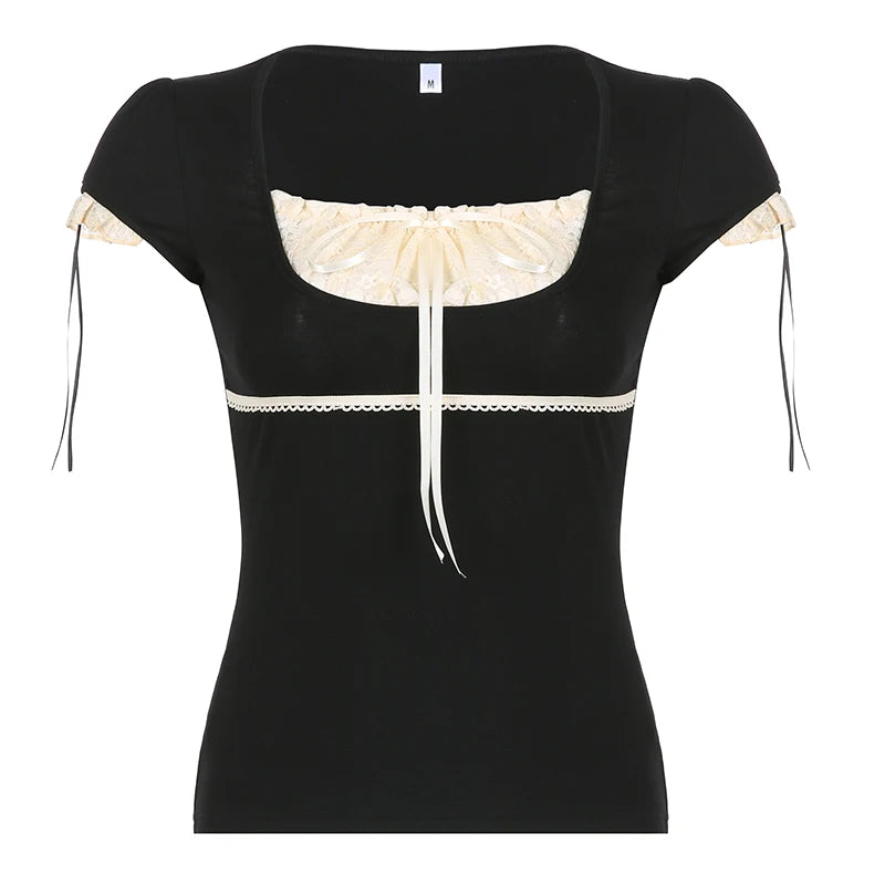 Square Collar Lace Kawaii Top Fairycore Patchwork Grunge Slim Tee Shirts