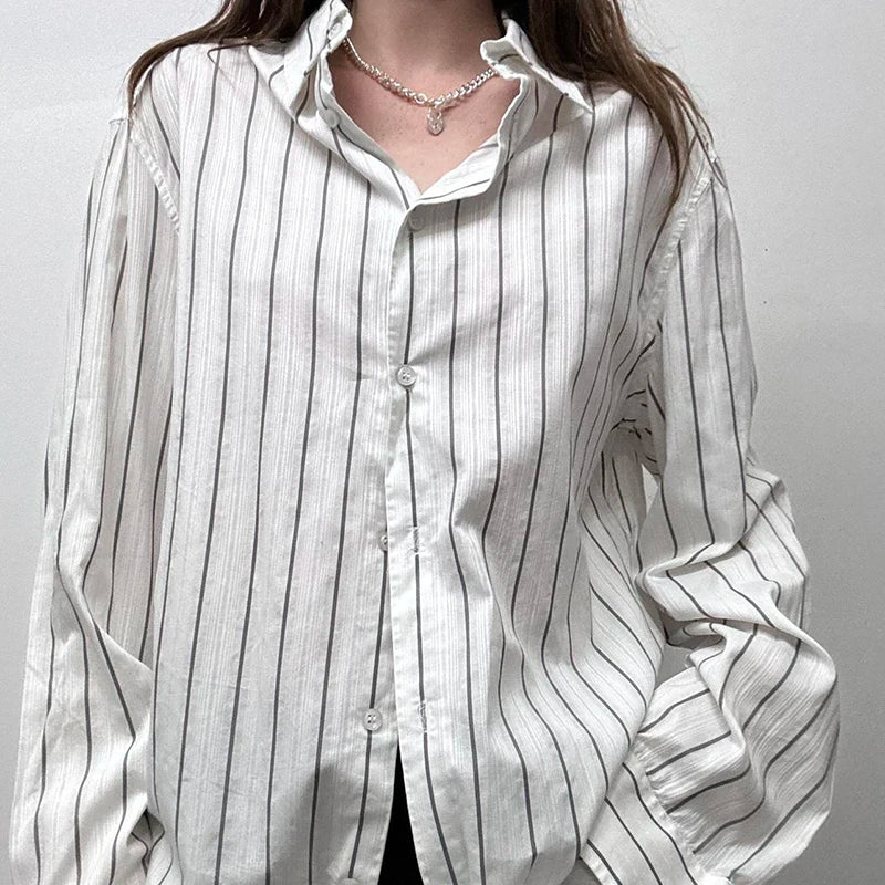 Striped Print Loose Shirt Single-breasted Oversized Blouses Turn-down Neck Top