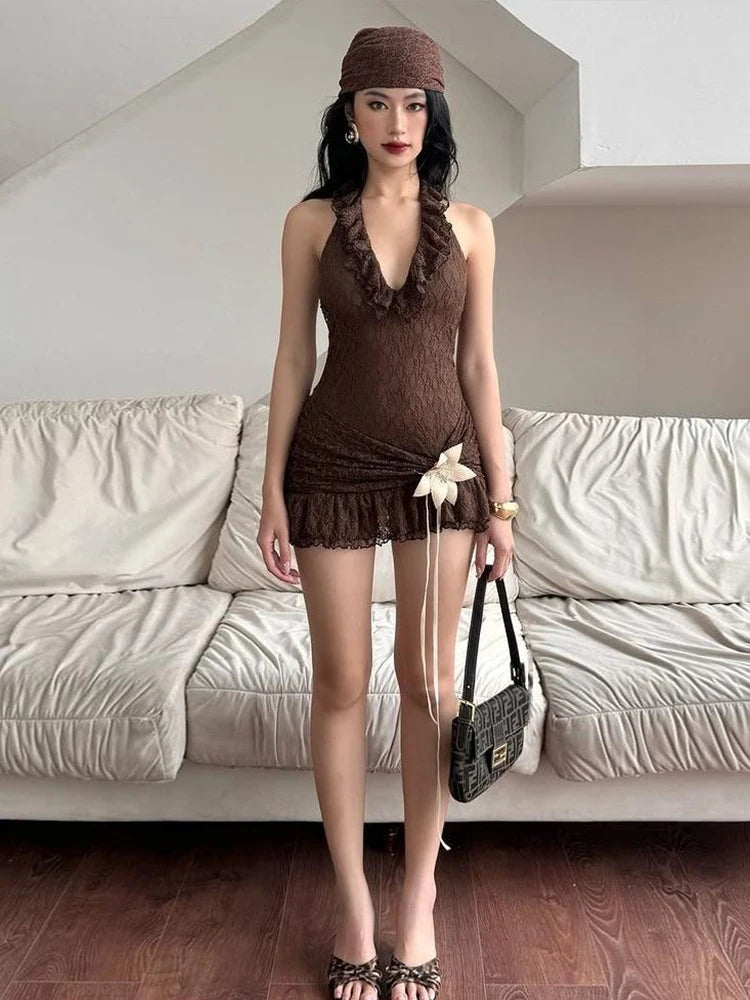 Lace Dress Halter Dark Lines Frenulum Three-Dimensional Flowers Ornament Vogue Mini Bodycon