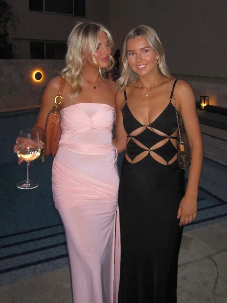 Backless Dress Ruched Chest Wrap Cross Bandage Sleeveless Tassel Street Slits Long Bodycon