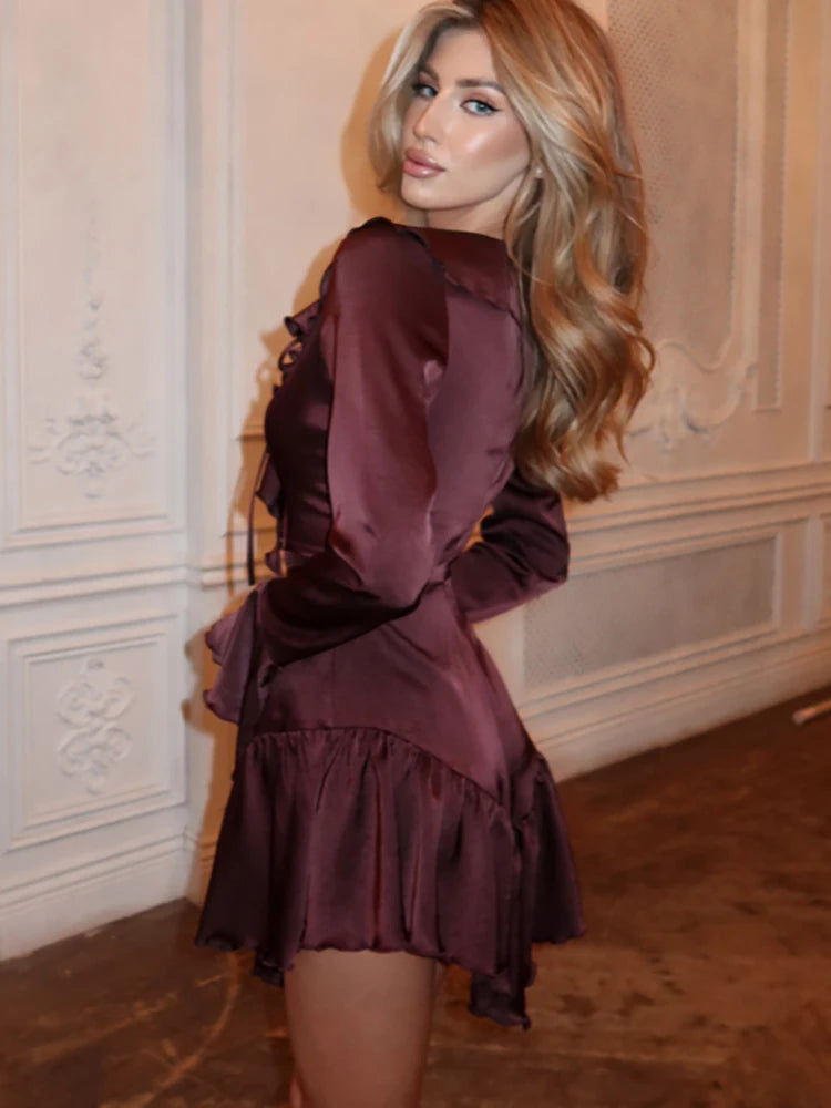 Satin Deep V-neck Ruffle Mini Dress White Flare Sleeve Lace Up Dress