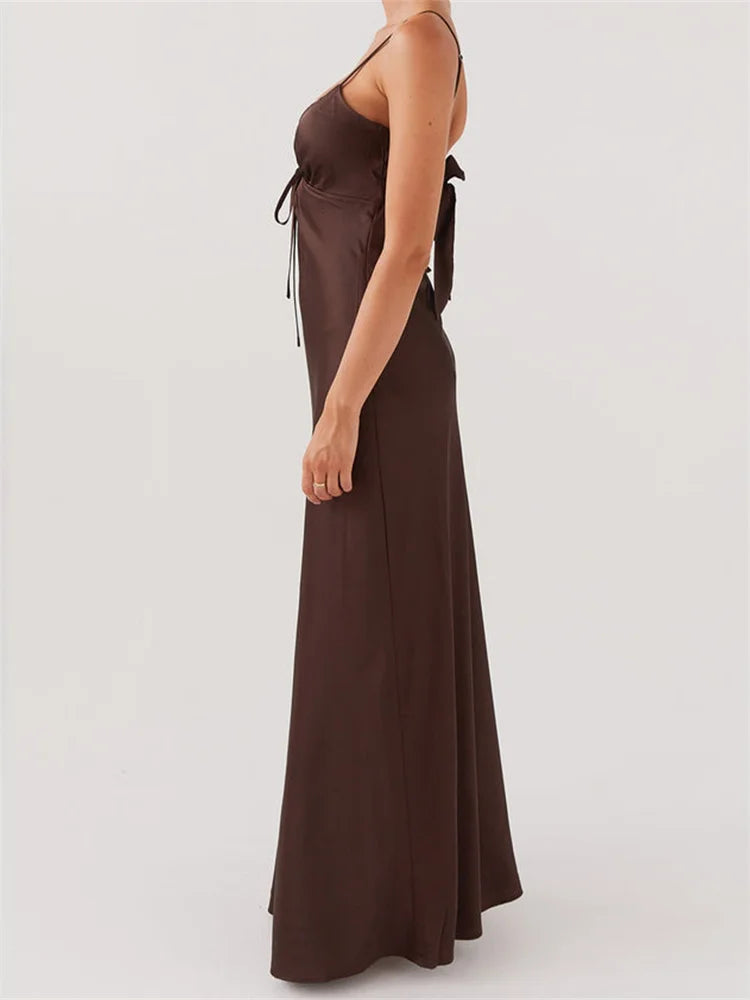 Dress Color Sleeveless Strap V-neck Front Tie-Up Backless Long Dress Slim