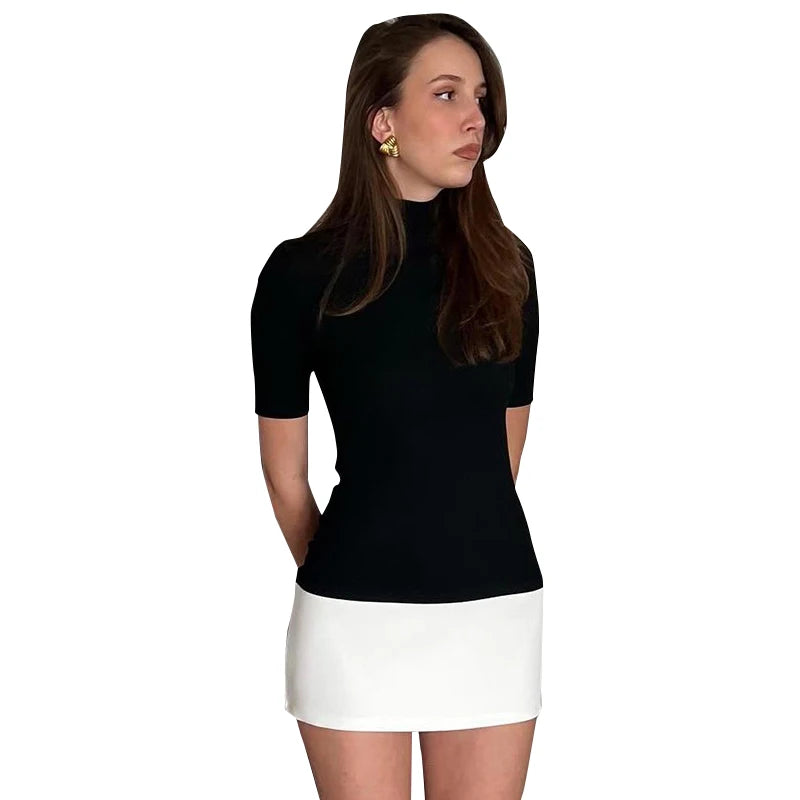 Turtleneck Half Sleeve Mini Dress French Black White Patchwork Bodycon Dress