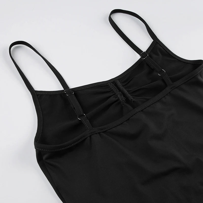 Sleeveless Shirring Spaghetti Strap Bodysuit Black Solid Basic Camisole