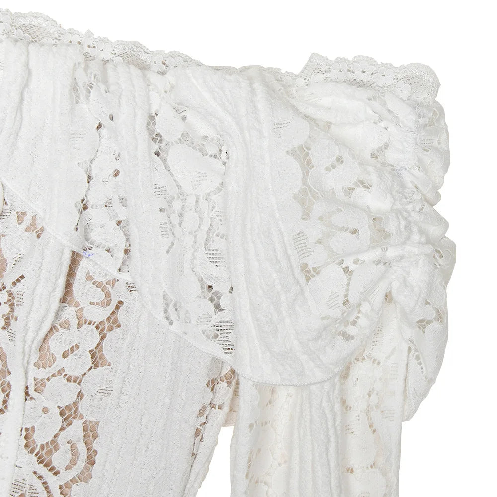 White Off The Shoulder Bodycon Dress in Flare Sleeve Lace Maxi Dress Wedding Guest Dress for