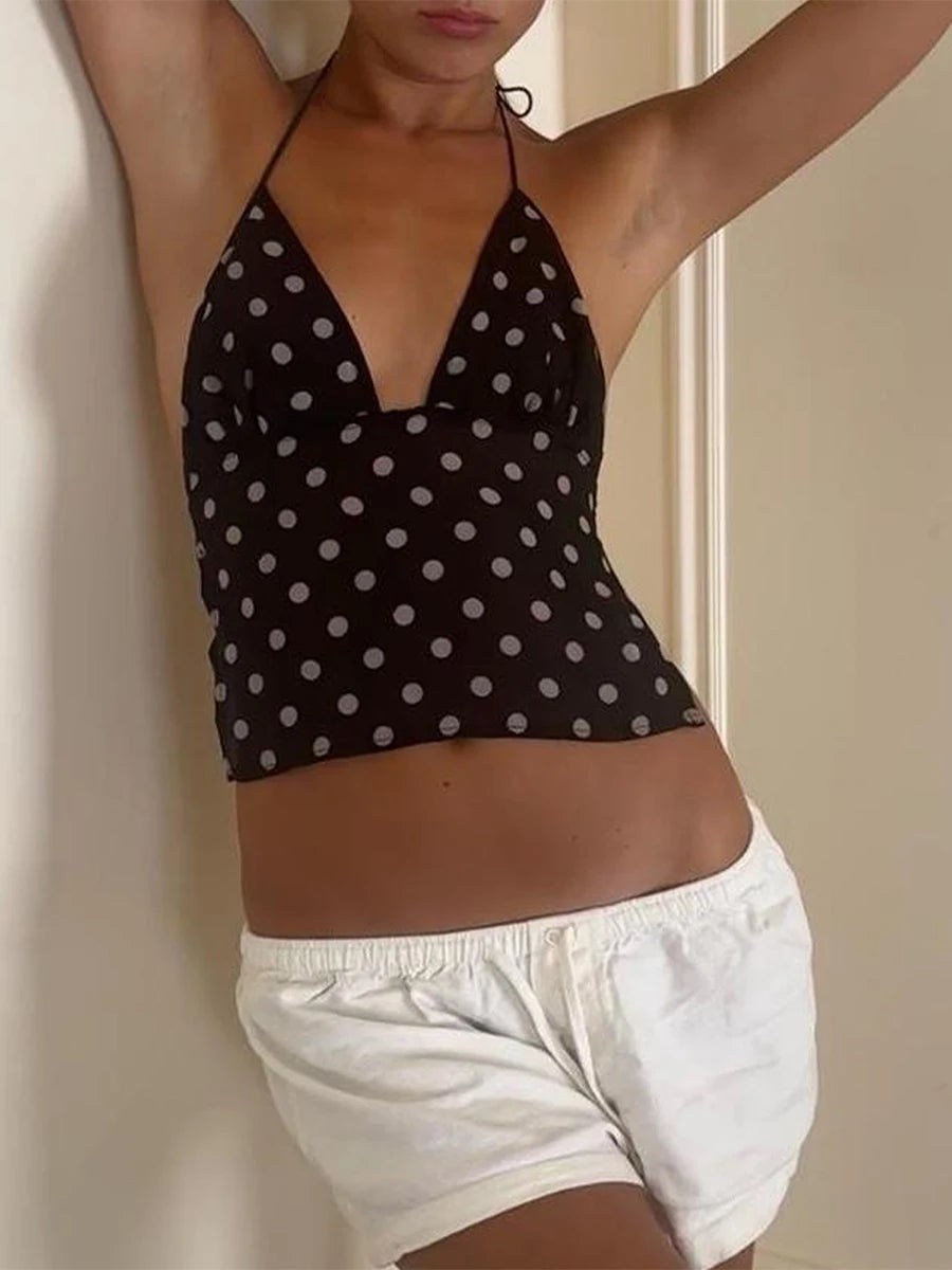 Backless V-Neck Polka Dot Top
