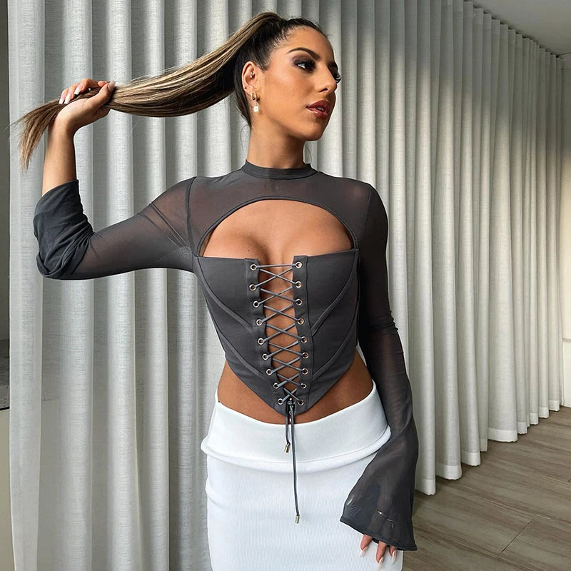 Meh Bandage T Shirt Long Sleeve O Neck Crop Tee Top Tee Shirt