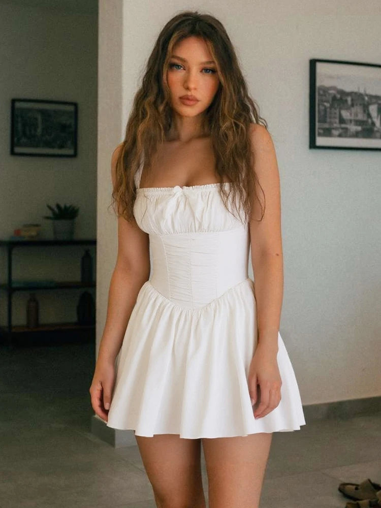 Claic Pleat Mini Dress Sleevele Square Neck Lace Up A-line Bodycon