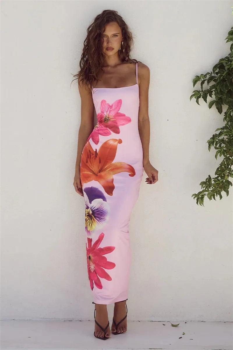 Floreal Long Dress Gown Spaghetti Strap Sleeveless Backless Bodycon Midi Dress
