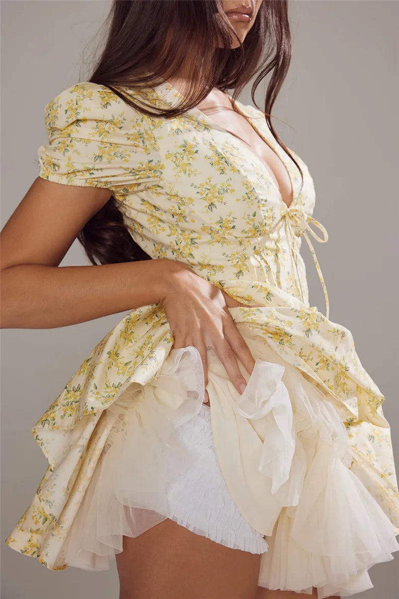 Print Mini Dress For Yellow Short Sleeve Deep V Neck A-line Pleated Dress