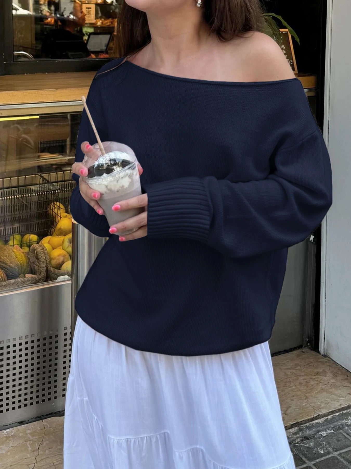 Skew Collar Knit Pullovers Loose Sweaters All-match 's